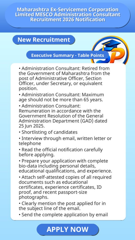 Maharashtra Ex-Servicemen Corporation Limited MESCO Administration Consultant Recruitment 2026 Notification