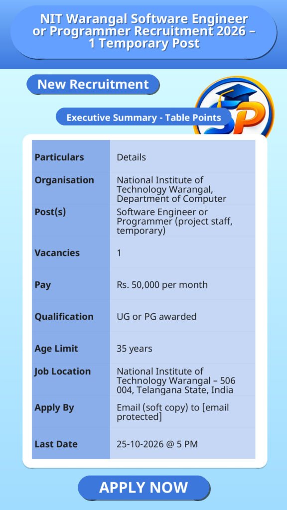 NIT Warangal Software Engineer or Programmer Recruitment 2026 – 1 Temporary Post