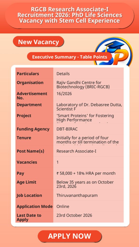 RGCB Research Associate-I Recruitment 2026: PhD Life Sciences Vacancy with Stem Cell Experience
