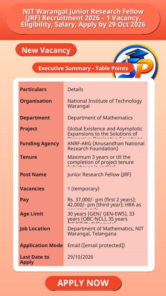 NIT Warangal Junior Research Fellow (JRF) Recruitment 2026 – 1 Vacancy, Eligibility, Salary, Apply by 29 Oct 2026