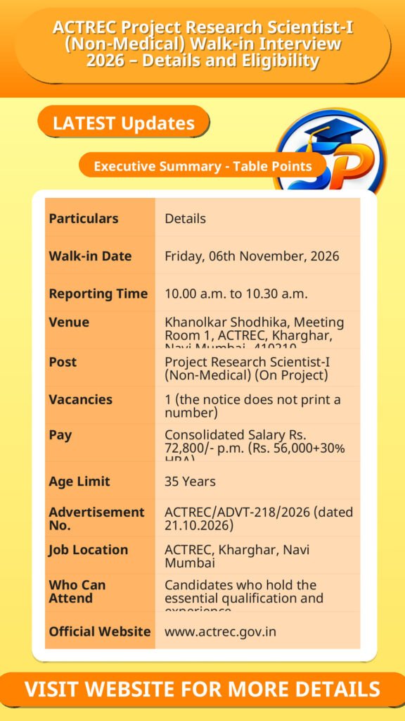 ACTREC Project Research Scientist-I (Non-Medical) Walk-in Interview 2026 – Details and Eligibility