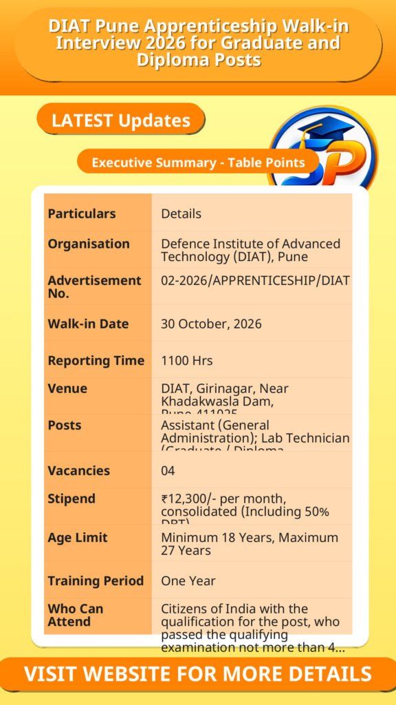 DIAT Pune Apprenticeship Walk-in Interview 2026 for Graduate and Diploma Posts