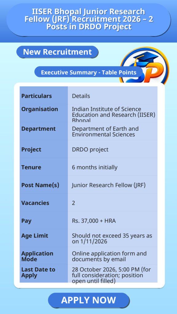 IISER Bhopal Junior Research Fellow (JRF) Recruitment 2026 – 2 Posts in DRDO Project