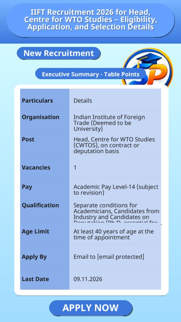 IIFT Recruitment 2026 for Head, Centre for WTO Studies – Eligibility, Application, and Selection Details
