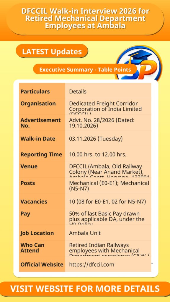 DFCCIL Walk-in Interview 2026 for Retired Mechanical Department Employees at Ambala