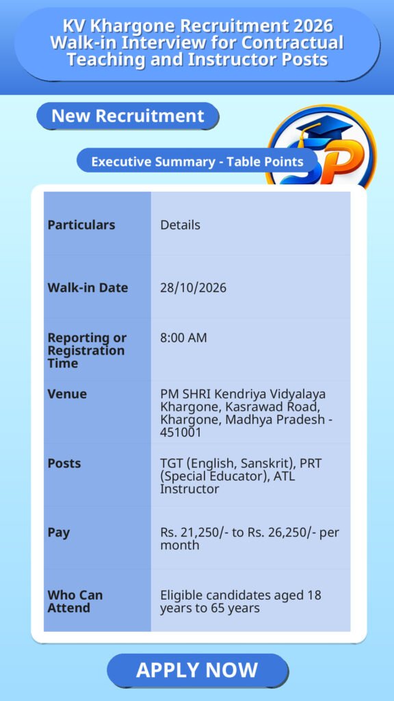 KV Khargone Recruitment 2026 Walk-in Interview for Contractual Teaching and Instructor Posts