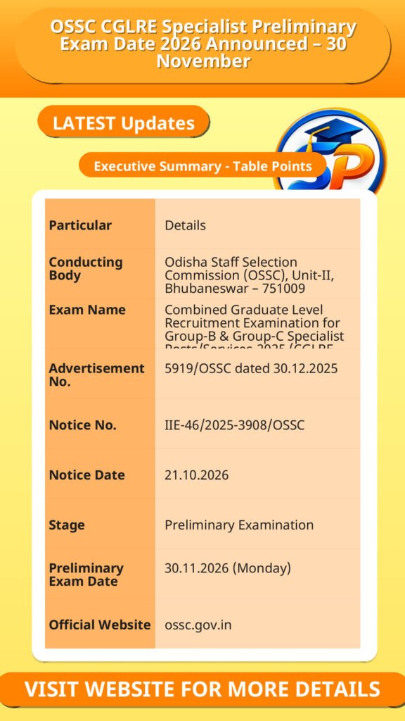 OSSC CGLRE Specialist Preliminary Exam Date 2026 Announced – 30 November