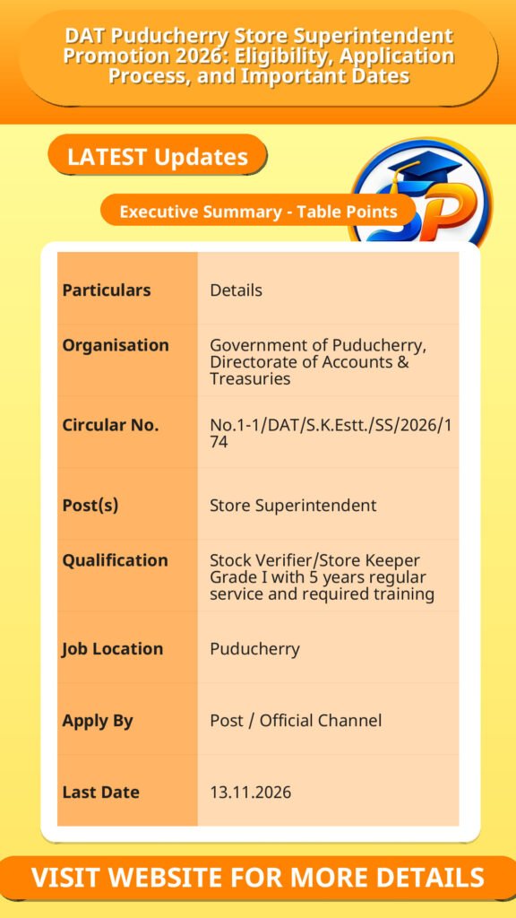 DAT Puducherry Store Superintendent Promotion 2026: Eligibility, Application Process, and Important Dates