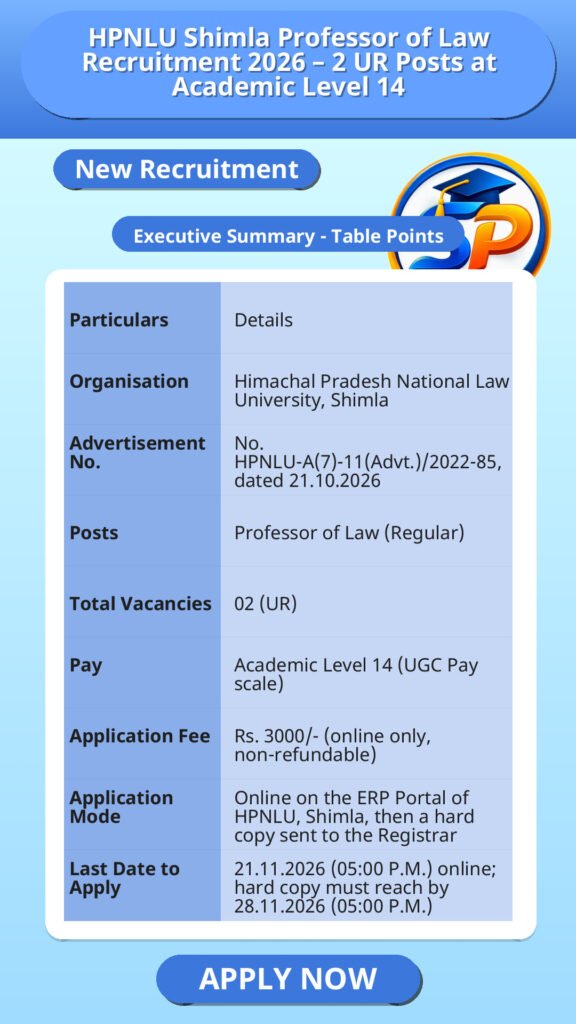 HPNLU Shimla Professor of Law Recruitment 2026 – 2 UR Posts at Academic Level 14