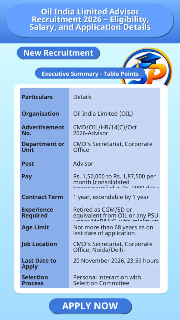 Oil India Limited Advisor Recruitment 2026 – Eligibility, Salary, and Application Details