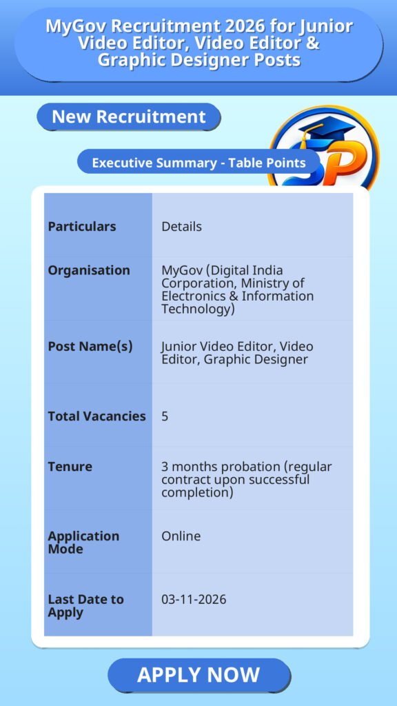 MyGov Recruitment 2026 for Junior Video Editor, Video Editor & Graphic Designer Posts
