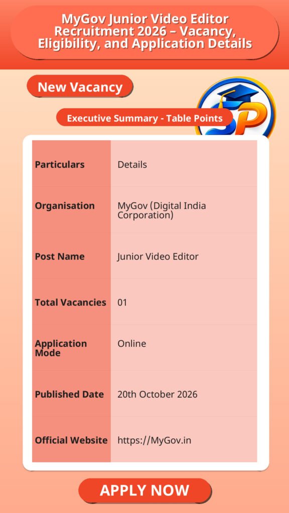 MyGov Junior Video Editor Recruitment 2026 – Vacancy, Eligibility, and Application Details