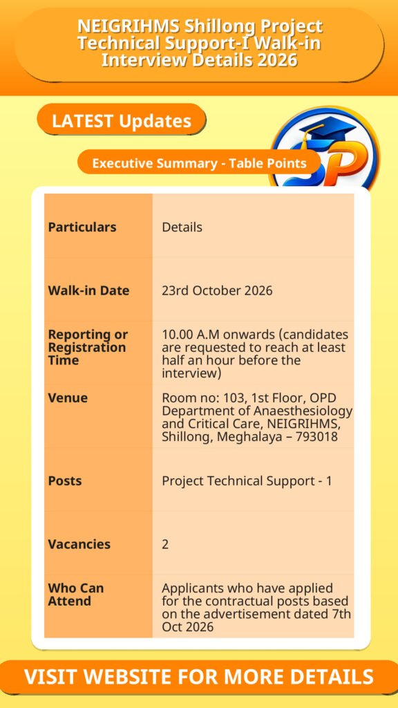 NEIGRIHMS Shillong Project Technical Support-I Walk-in Interview Details 2026