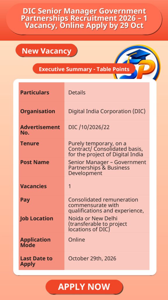 DIC Senior Manager Government Partnerships Recruitment 2026 – 1 Vacancy, Online Apply by 29 Oct
