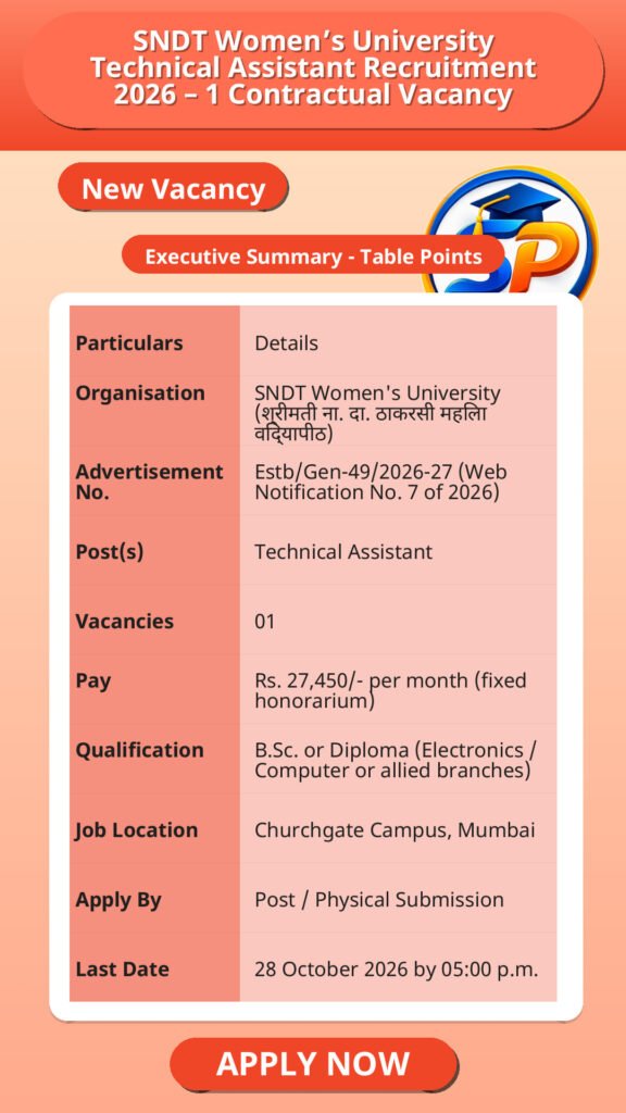 SNDT Women’s University Technical Assistant Recruitment 2026 – 1 Contractual Vacancy