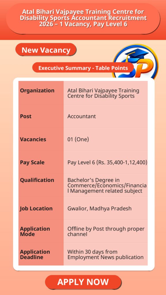 Atal Bihari Vajpayee Training Centre for Disability Sports Accountant Recruitment 2026 – 1 Vacancy, Pay Level 6