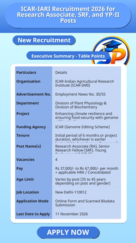 ICAR-IARI Recruitment 2026 for Research Associate, SRF, and YP-II Posts