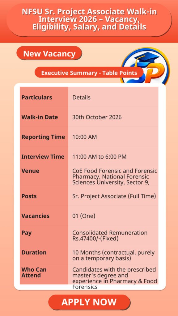 NFSU Sr. Project Associate Walk-in Interview 2026 – Vacancy, Eligibility, Salary, and Details