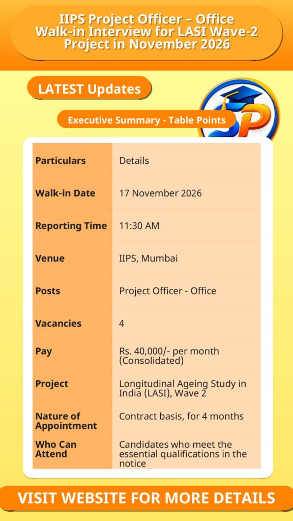 IIPS Project Officer – Office Walk-in Interview for LASI Wave-2 Project in November 2026