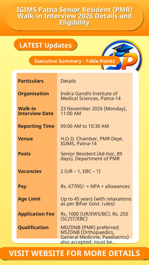IGIMS Patna Senior Resident (PMR) Walk-in Interview 2026 Details and Eligibility