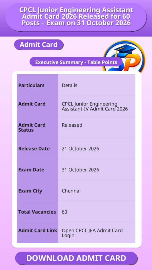 CPCL Junior Engineering Assistant Admit Card 2026 Released for 60 Posts – Exam on 31 October 2026
