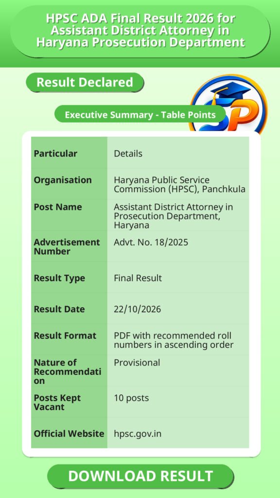 HPSC ADA Final Result 2026 for Assistant District Attorney in Haryana Prosecution Department