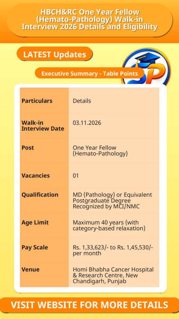 HBCH&RC One Year Fellow (Hemato-Pathology) Walk-in Interview 2026 Details and Eligibility
