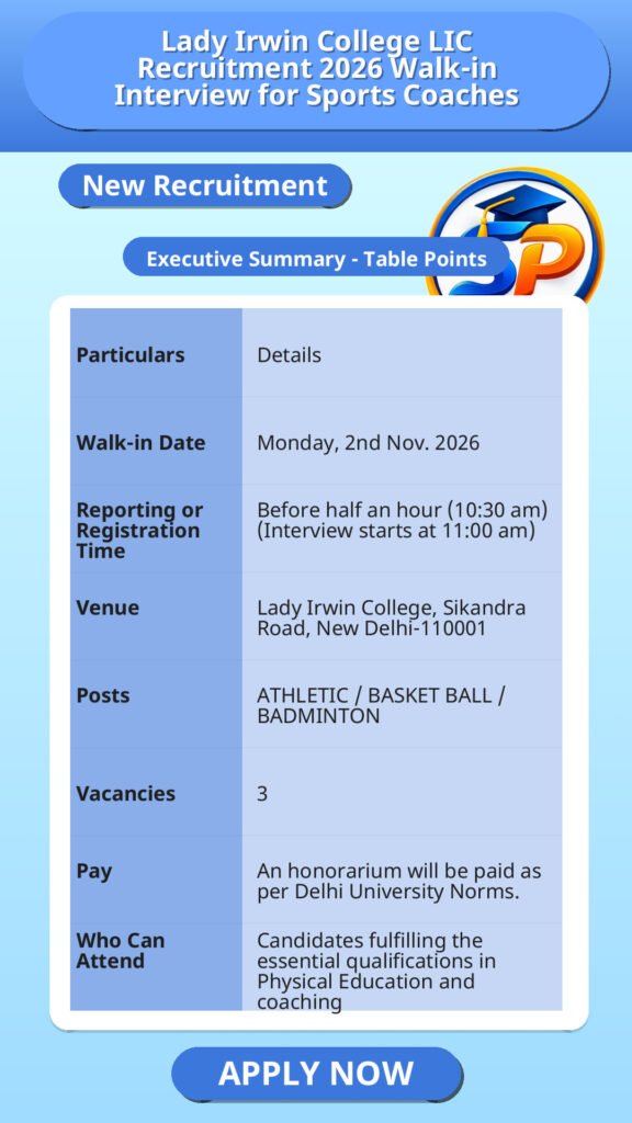 Lady Irwin College LIC Recruitment 2026 Walk-in Interview for Sports Coaches