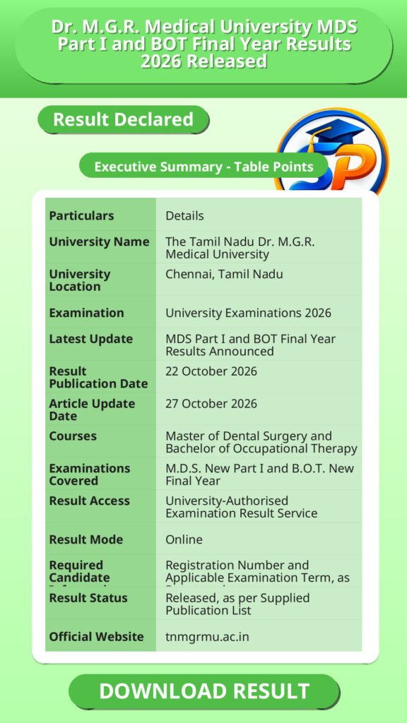 Dr. M.G.R. Medical University MDS Part I and BOT Final Year Results 2026 Released