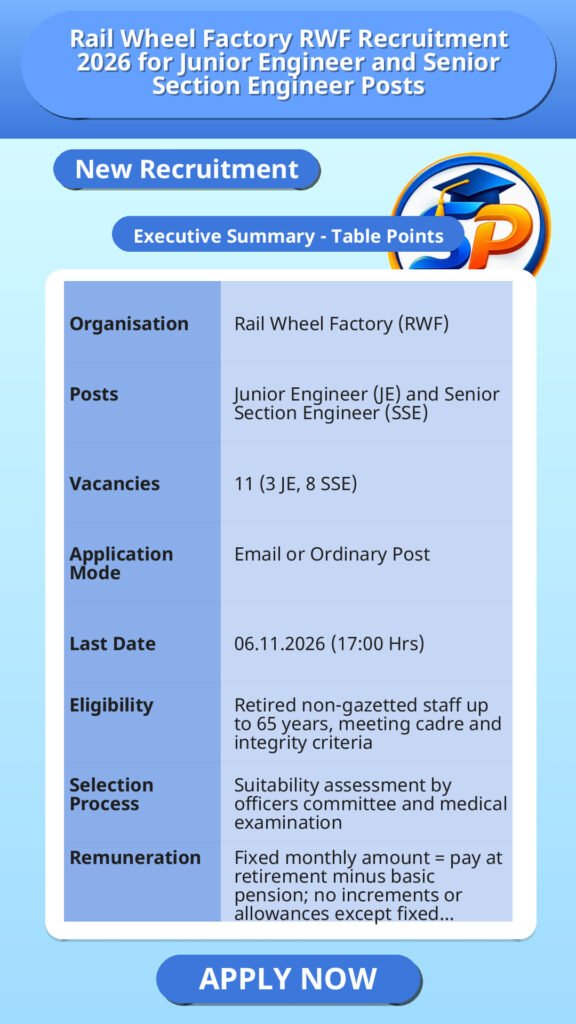 Rail Wheel Factory RWF Recruitment 2026 for Junior Engineer and Senior Section Engineer Posts