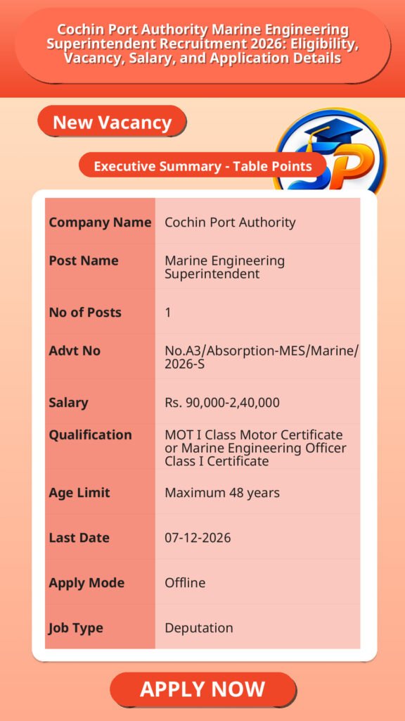 Cochin Port Authority Marine Engineering Superintendent Recruitment 2026: Eligibility, Vacancy, Salary, and Application Details