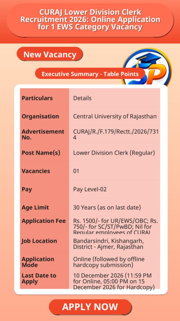 CURAJ Lower Division Clerk Recruitment 2026: Online Application for 1 EWS Category Vacancy