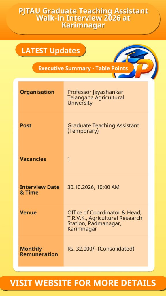 PJTAU Graduate Teaching Assistant Walk-in Interview 2026 at Karimnagar