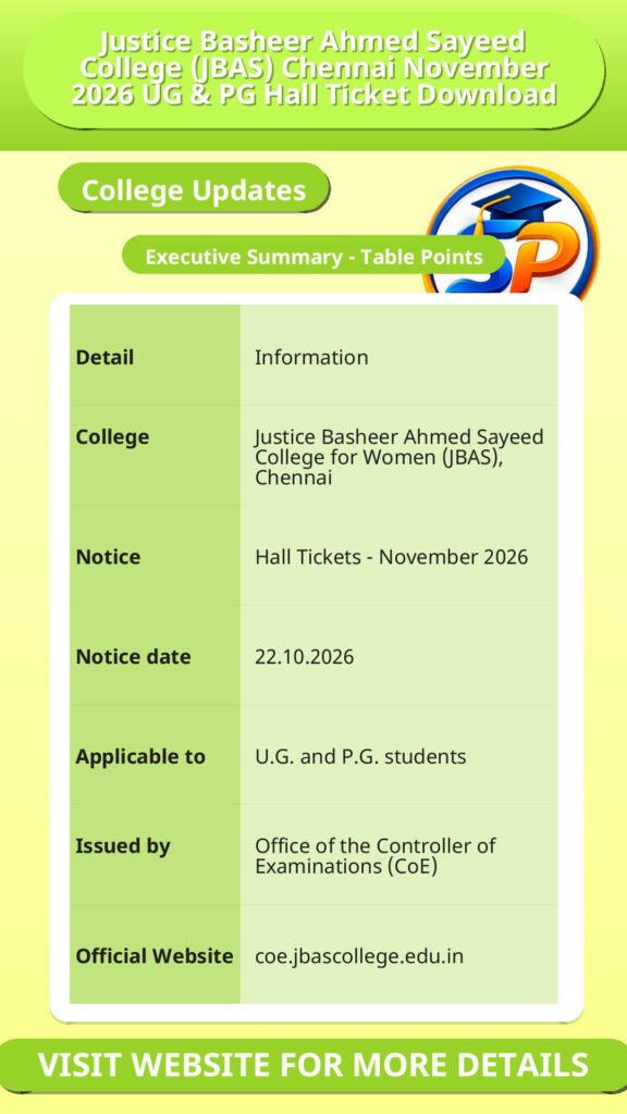 Justice Basheer Ahmed Sayeed College (JBAS) Chennai November 2026 UG & PG Hall Ticket Download