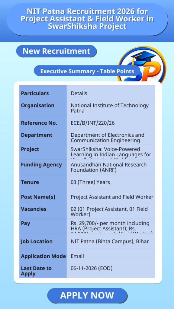 NIT Patna Recruitment 2026 for Project Assistant & Field Worker in SwarShiksha Project