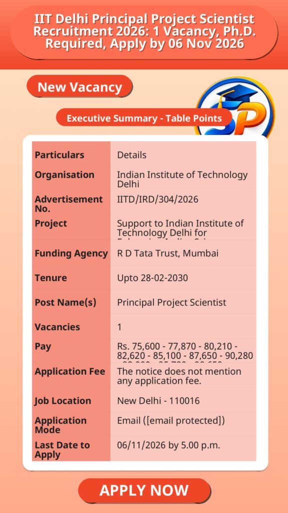 IIT Delhi Principal Project Scientist Recruitment 2026: 1 Vacancy, Ph.D. Required, Apply by 06 Nov 2026