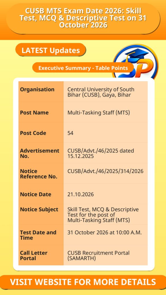 CUSB MTS Exam Date 2026: Skill Test, MCQ & Descriptive Test on 31 October 2026