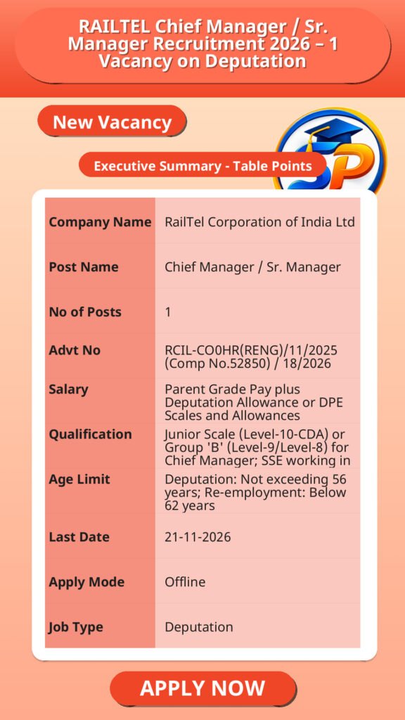 RAILTEL Chief Manager / Sr. Manager Recruitment 2026 – 1 Vacancy on Deputation