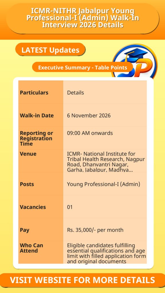 ICMR-NITHR Jabalpur Young Professional-I (Admin) Walk-In Interview 2026 Details