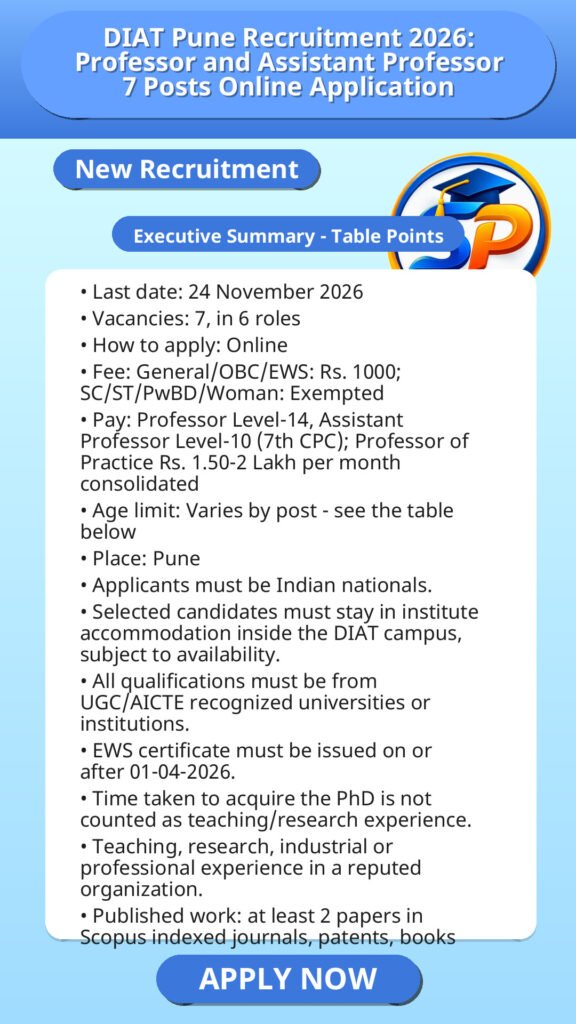 DIAT Pune Recruitment 2026: Professor and Assistant Professor 7 Posts Online Application