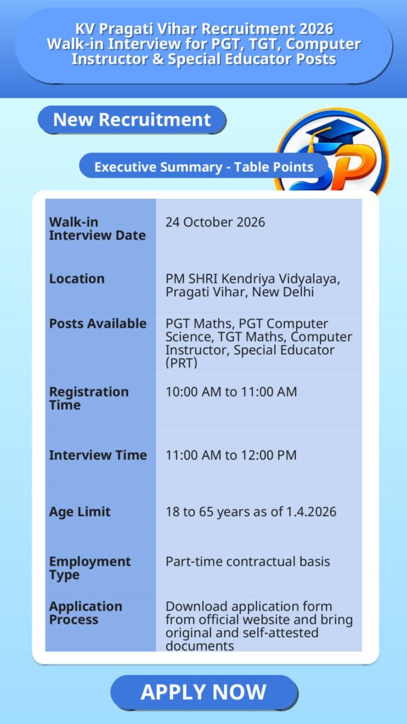 KV Pragati Vihar Recruitment 2026 Walk-in Interview for PGT, TGT, Computer Instructor & Special Educator Posts