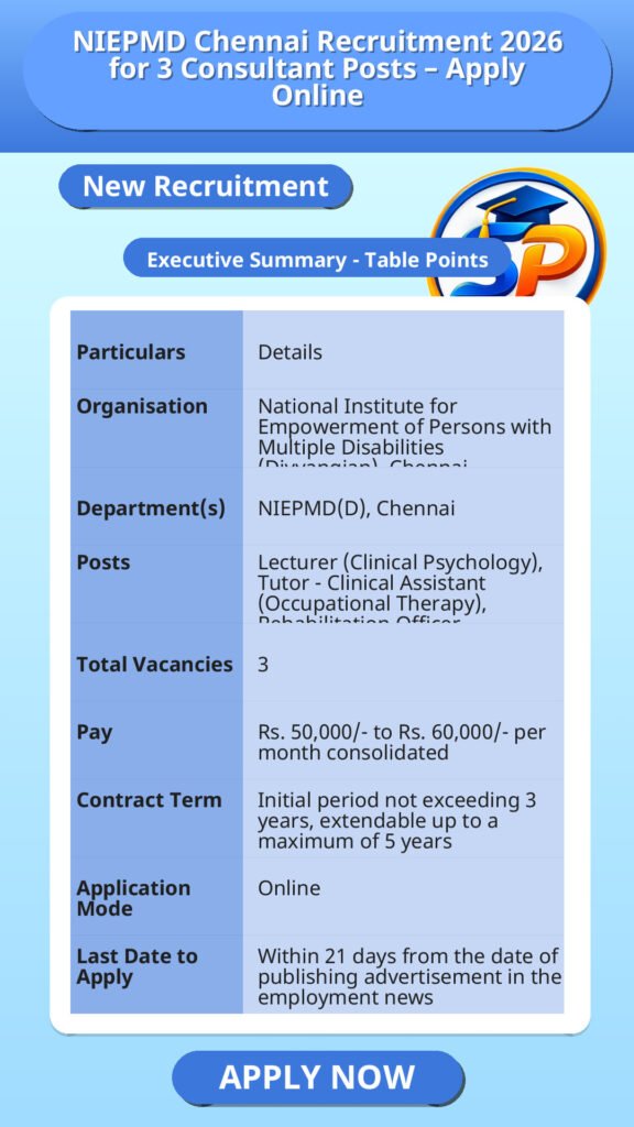 NIEPMD Chennai Recruitment 2026 for 3 Consultant Posts – Apply Online