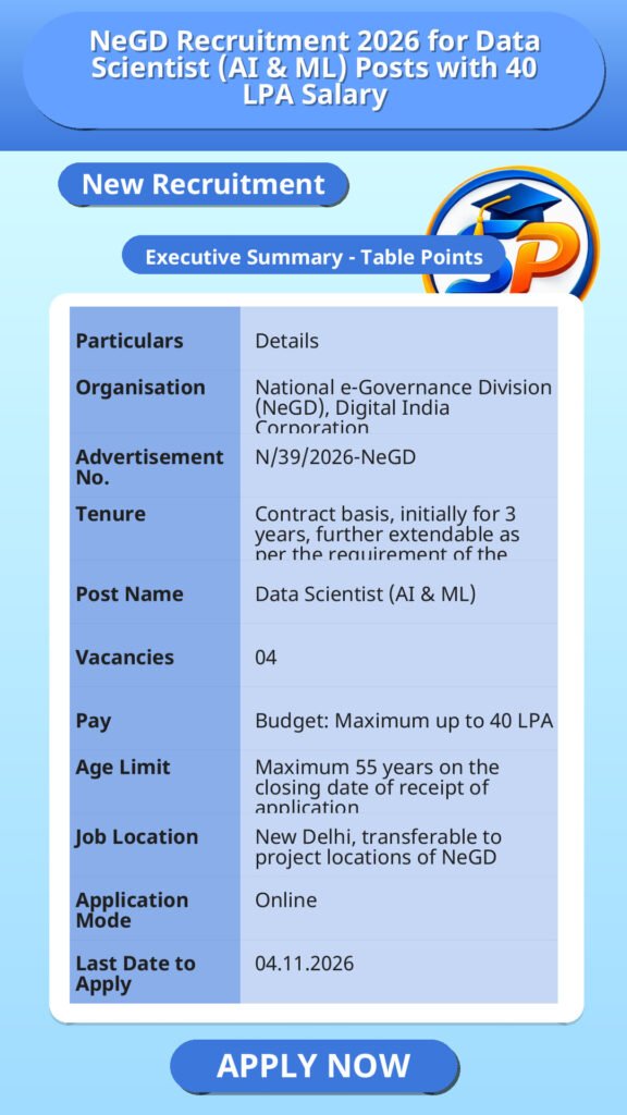 NeGD Recruitment 2026 for Data Scientist (AI & ML) Posts with 40 LPA Salary