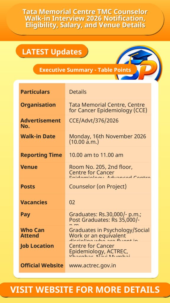 Tata Memorial Centre TMC Counselor Walk-in Interview 2026 Notification, Eligibility, Salary, and Venue Details