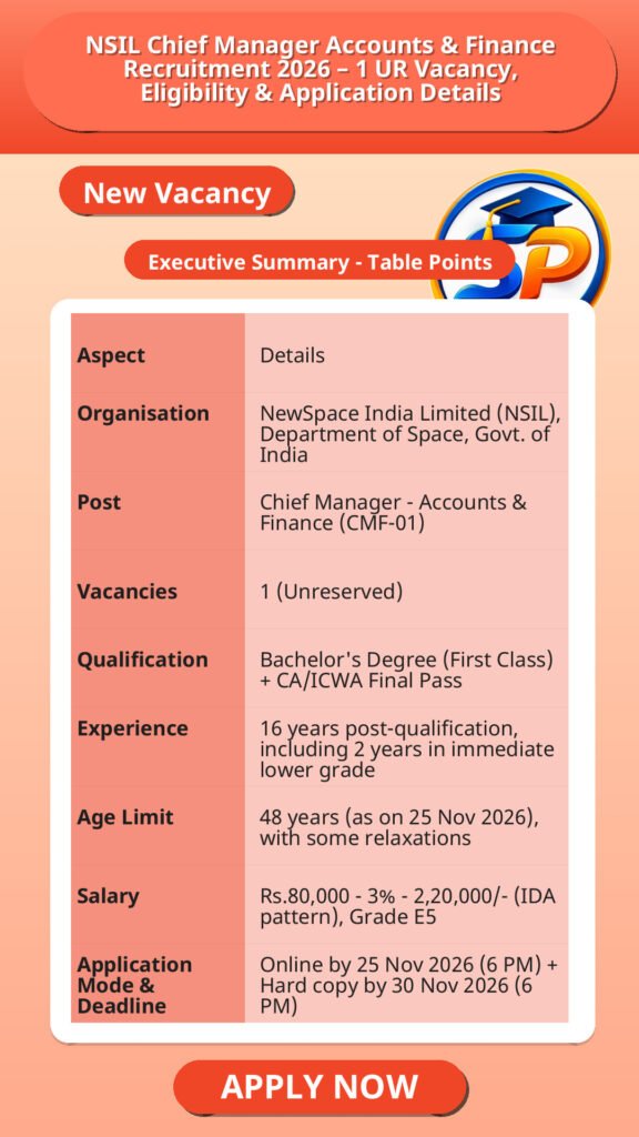 NSIL Chief Manager Accounts & Finance Recruitment 2026 – 1 UR Vacancy, Eligibility & Application Details