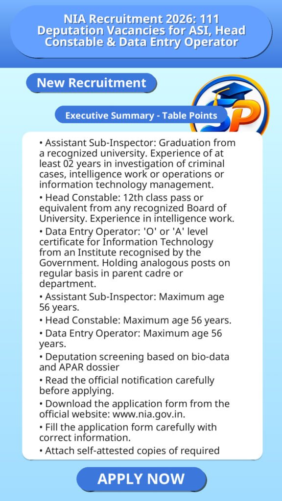 NIA Recruitment 2026: 111 Deputation Vacancies for ASI, Head Constable & Data Entry Operator