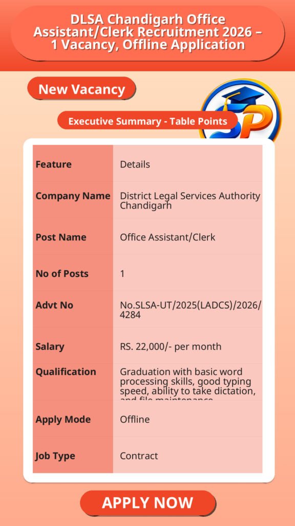 DLSA Chandigarh Office Assistant/Clerk Recruitment 2026 – 1 Vacancy, Offline Application