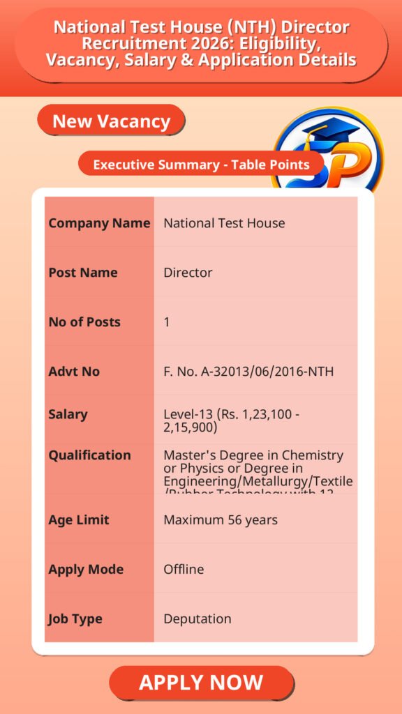 National Test House (NTH) Director Recruitment 2026: Eligibility, Vacancy, Salary & Application Details