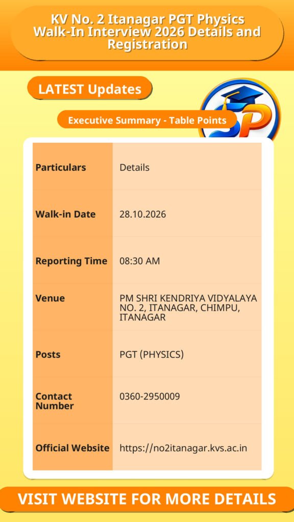KV No. 2 Itanagar PGT Physics Walk-In Interview 2026 Details and Registration