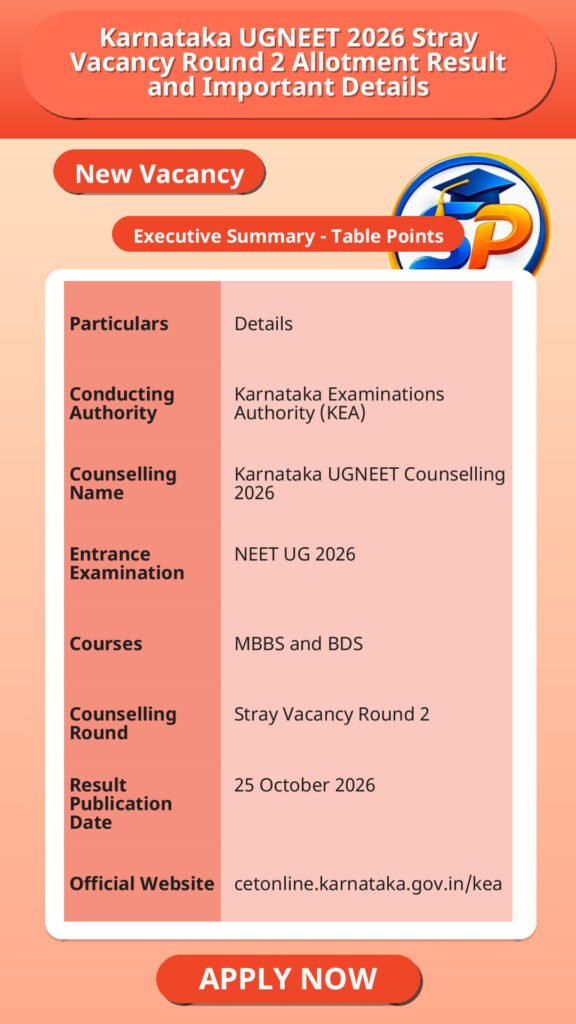 Karnataka UGNEET 2026 Stray Vacancy Round 2 Allotment Result and Important Details